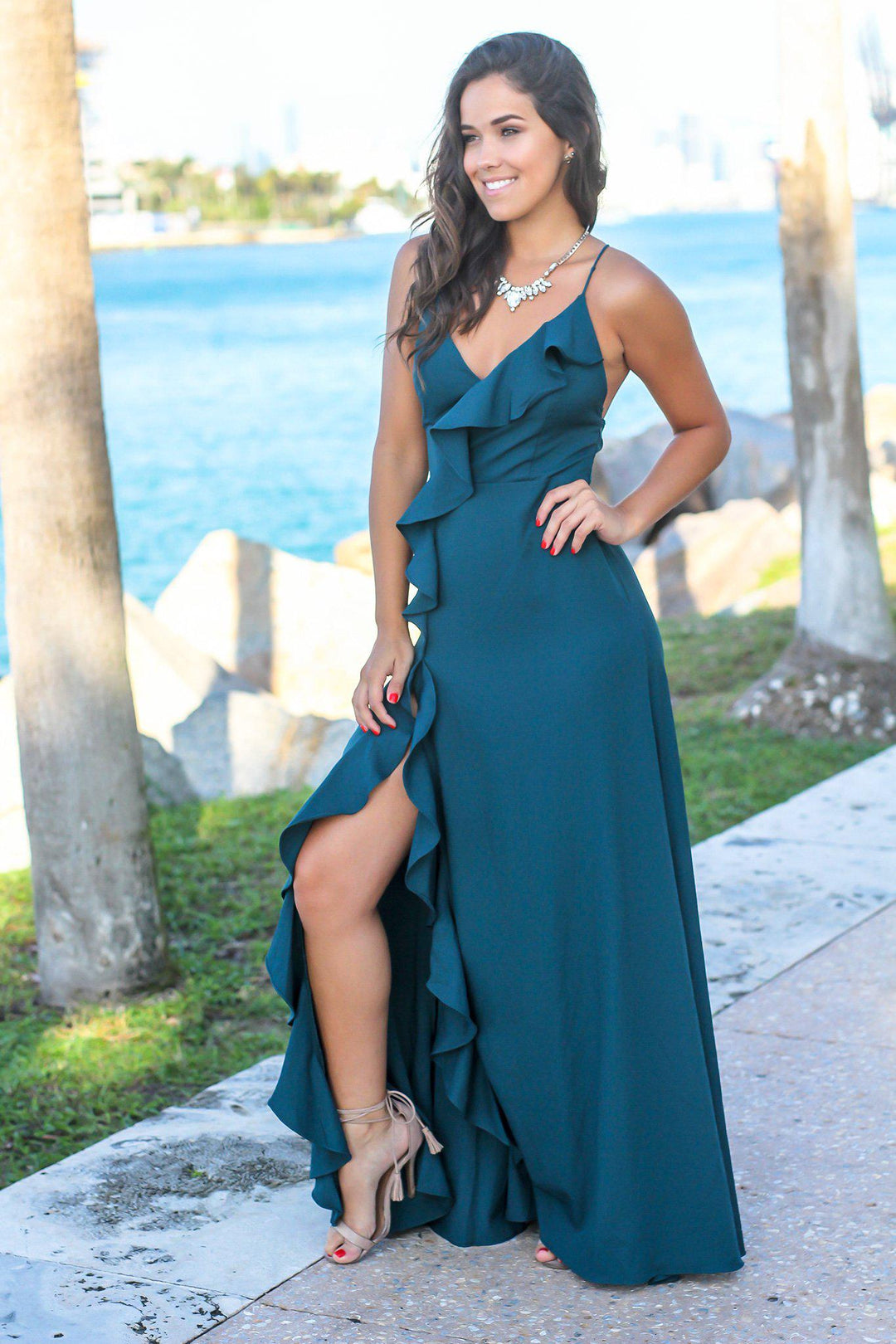 Teal Ruffled Maxi Dress with Lace Up Back | Maxi Dresses  Saved by the  Dress