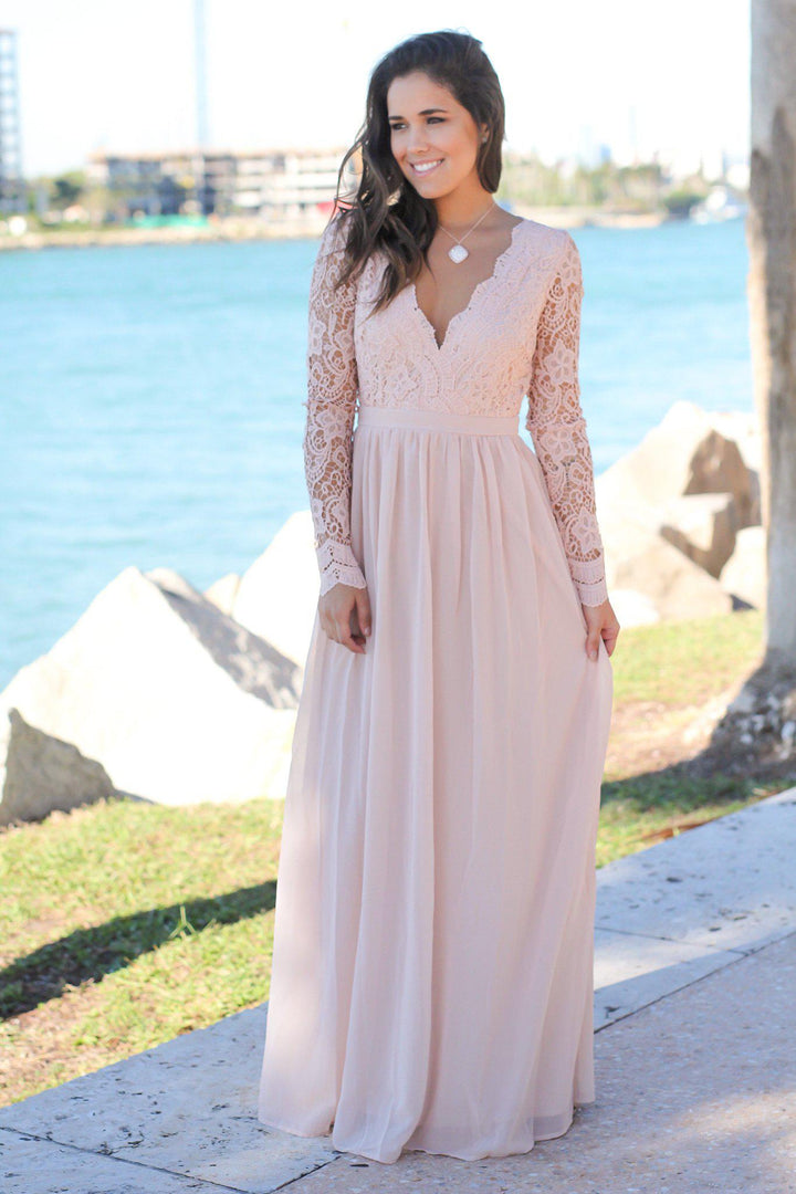 fitted lace wedding dress Blush Crochet Maxi Dress with Open Back and Long Sleeves
