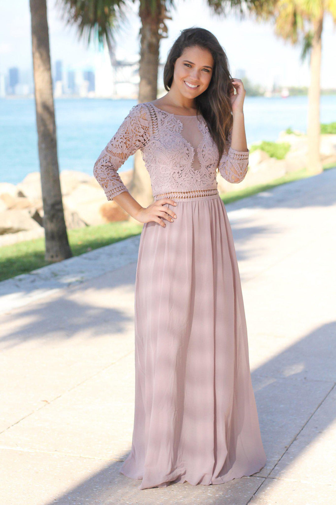 Taupe Gray Crochet Maxi Dress with 3/4 Sleeves
