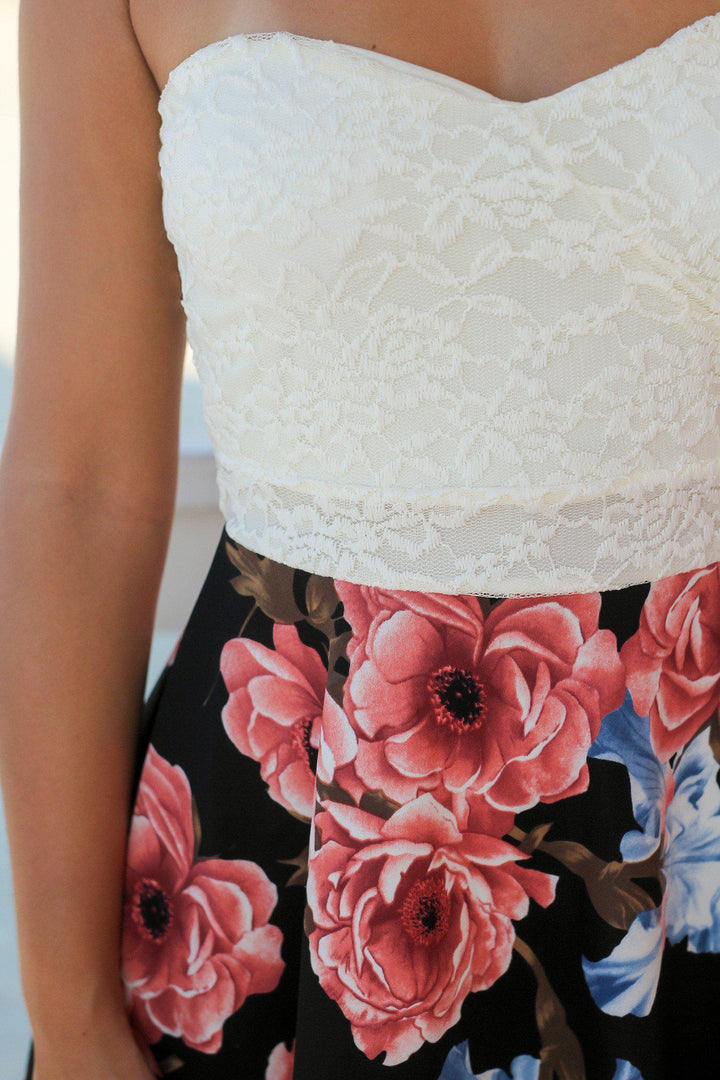 Black and Ivory Floral Short Dress with Lace Top | Short Dresses Saved by the Dress Black and Ivory Floral Short Dress with Lace Top | Short Dresses Saved by the Dress
