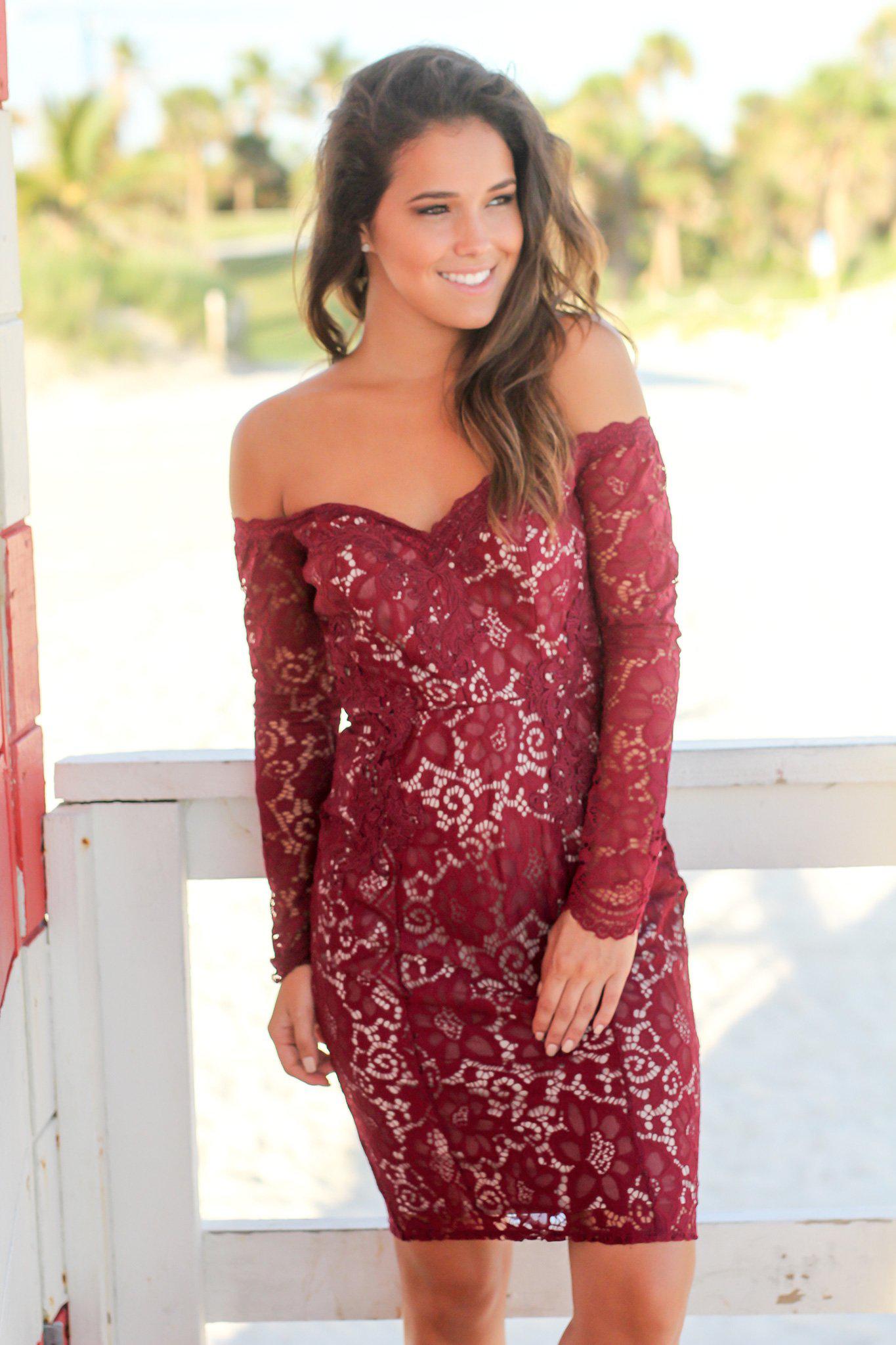 Burgundy Lace Off Shoulder Short Dress with Long Sleeves | Short Dresses Saved by the Dress Burgundy Lace Off Shoulder Short Dress with Long Sleeves | Short Dresses Saved by the Dress