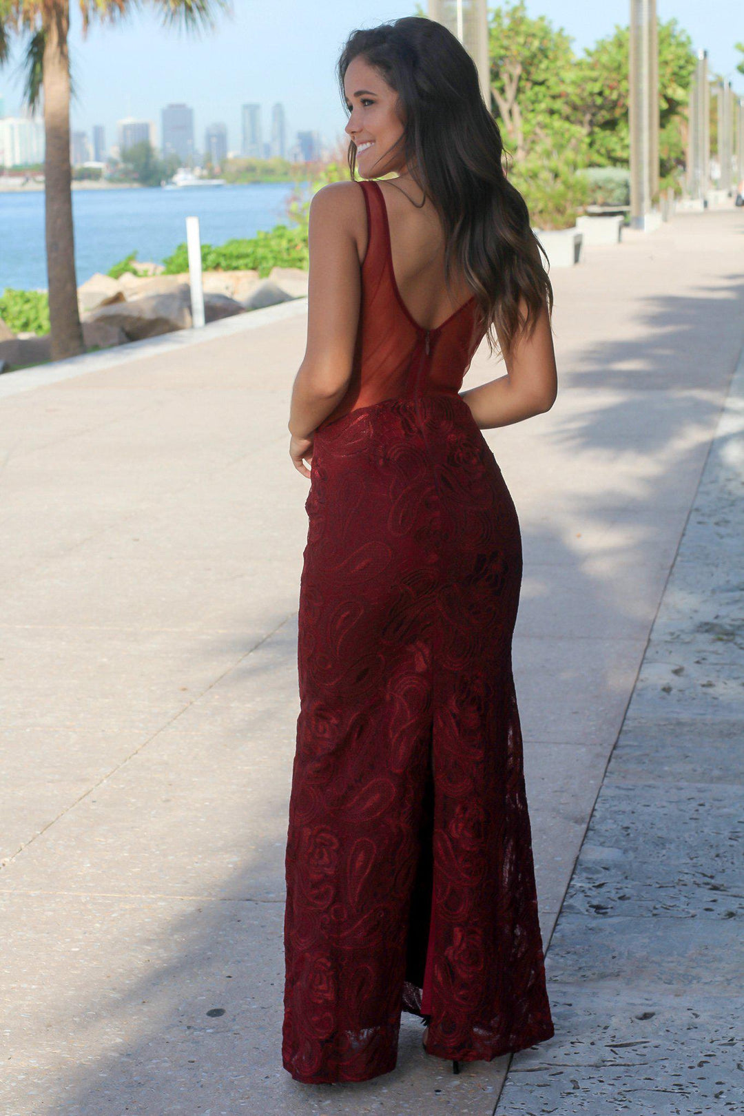 Burgundy Lace Maxi Dress with Mesh Back