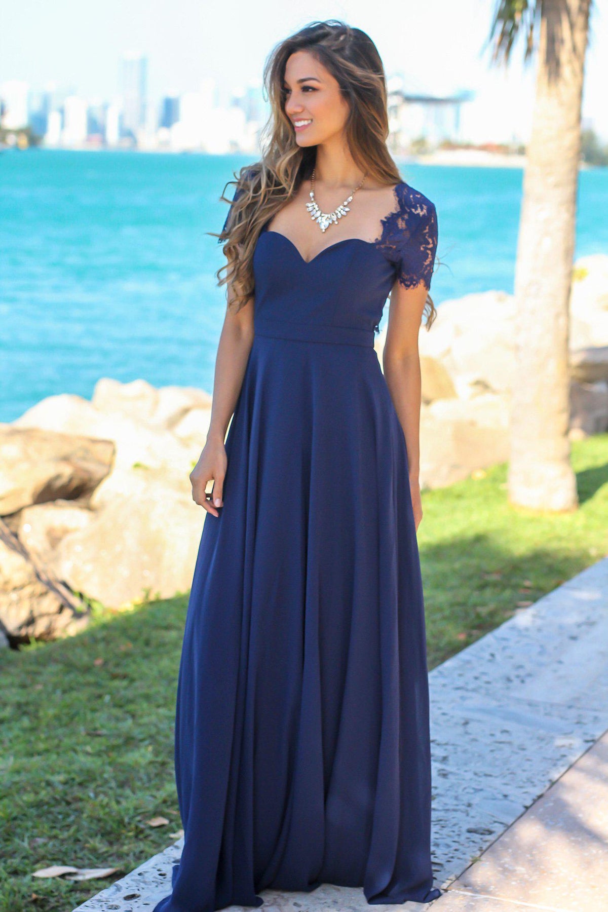 Navy Maxi Dress with Open Back and Lace Detail | Maxi Dresses – Saved ...