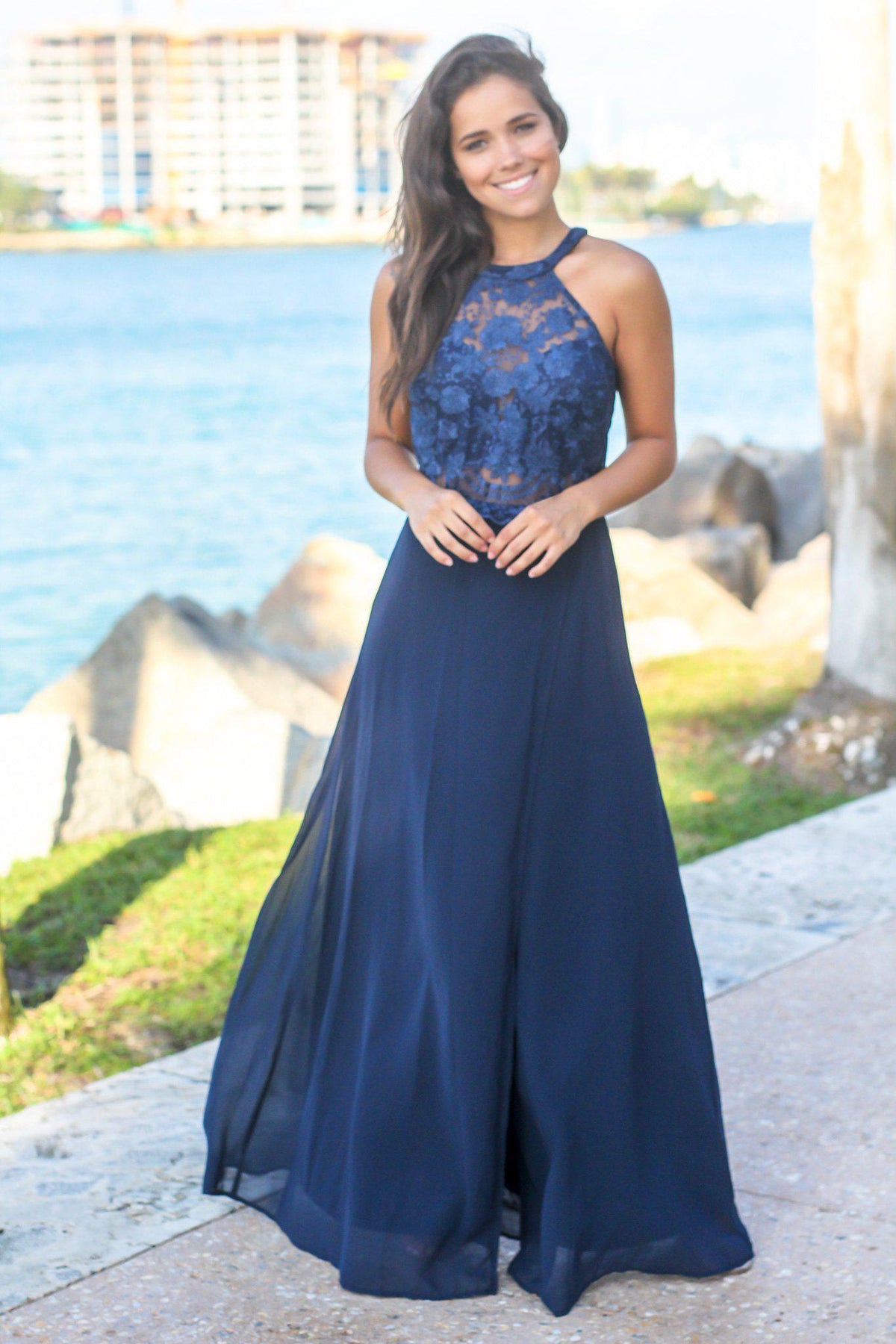 Navy High Neck Maxi Dress with Embroidered Top and Slit | Formal ...