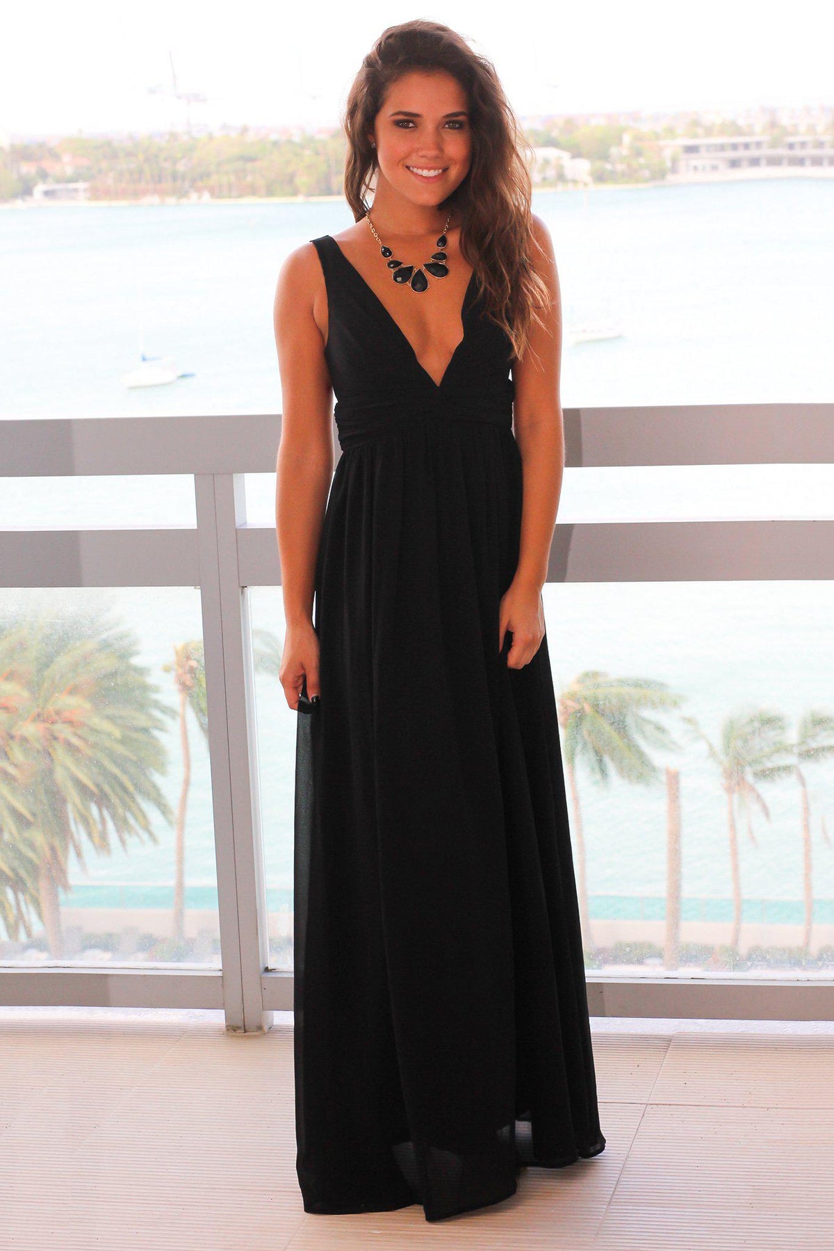 Black V-Neck Maxi Dress with Pleated Top | Maxi Dresses – Saved by the ...