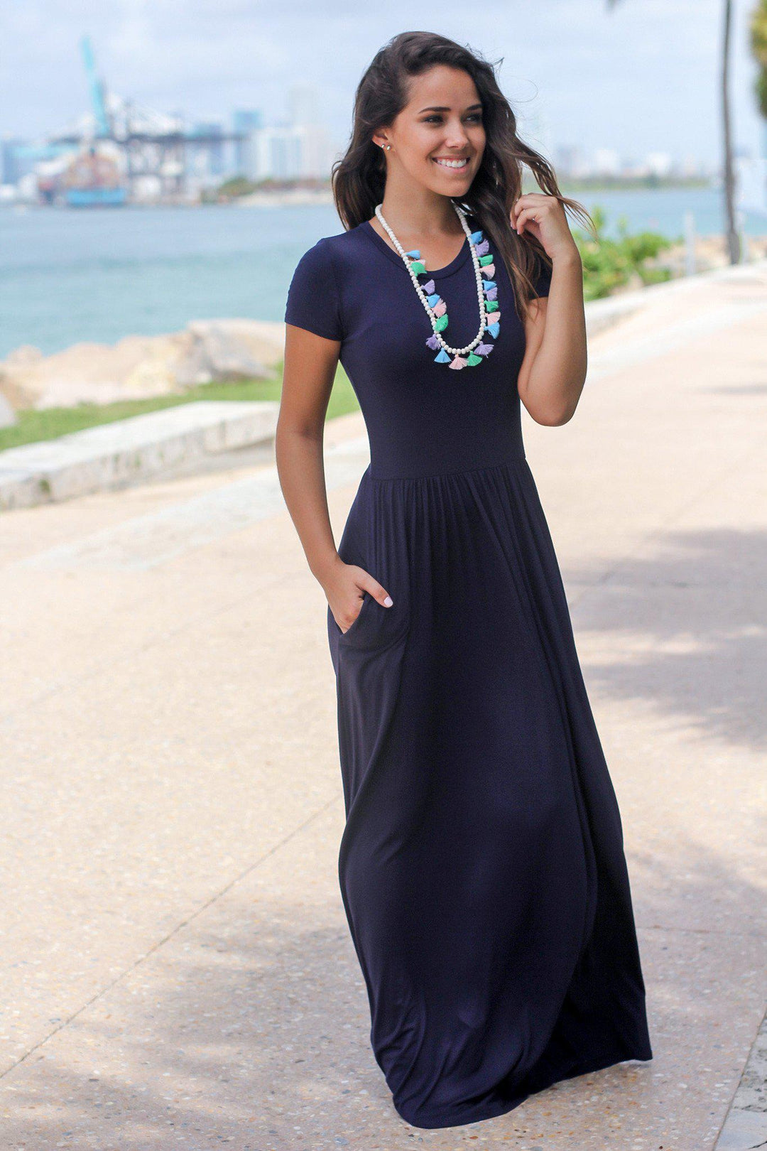 Navy Short Sleeve Maxi Dress with Pockets