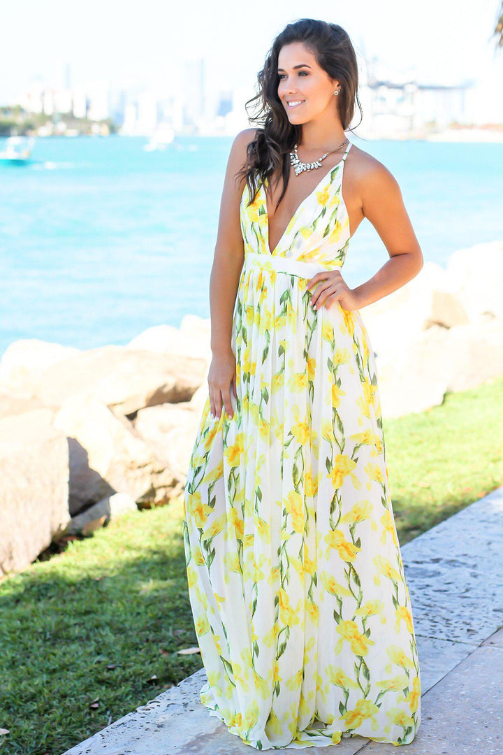White and Yellow Floral Maxi Dress with Criss Cross Back | Maxi Dresses Saved by the Dress White and Yellow Floral Maxi Dress with Criss Cross Back | Maxi Dresses Saved by the Dress