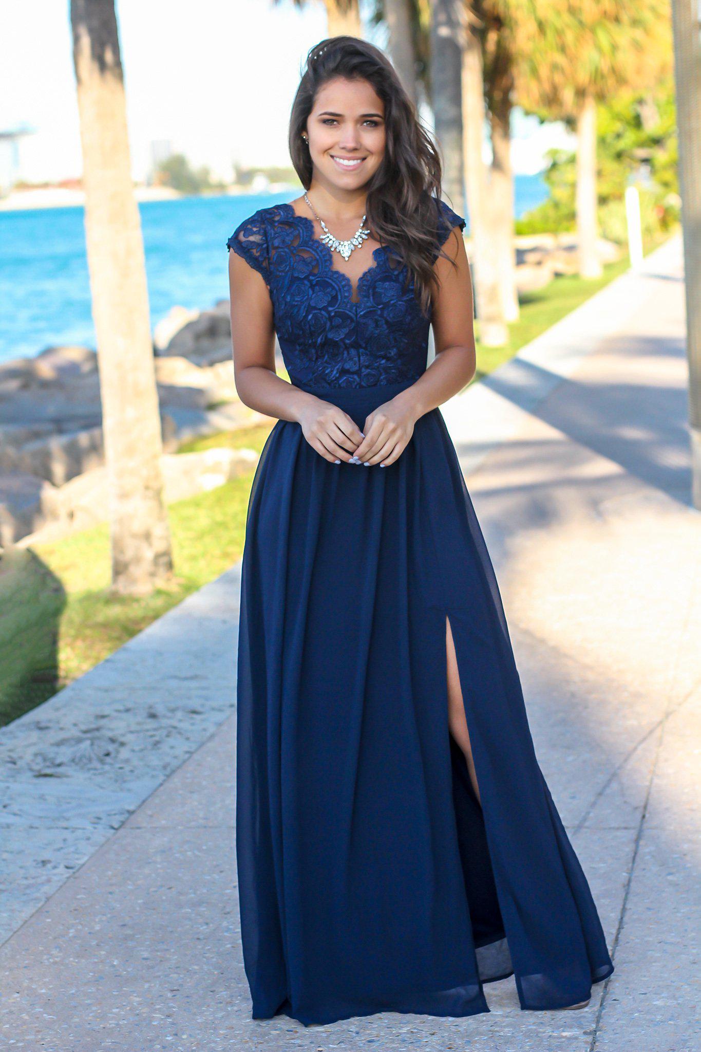 Navy Lace Top Maxi Dress with Open Back and Side Slit | Maxi Dresses Saved by the Dress Navy Lace Top Maxi Dress with Open Back and Side Slit | Maxi Dresses Saved by the Dress