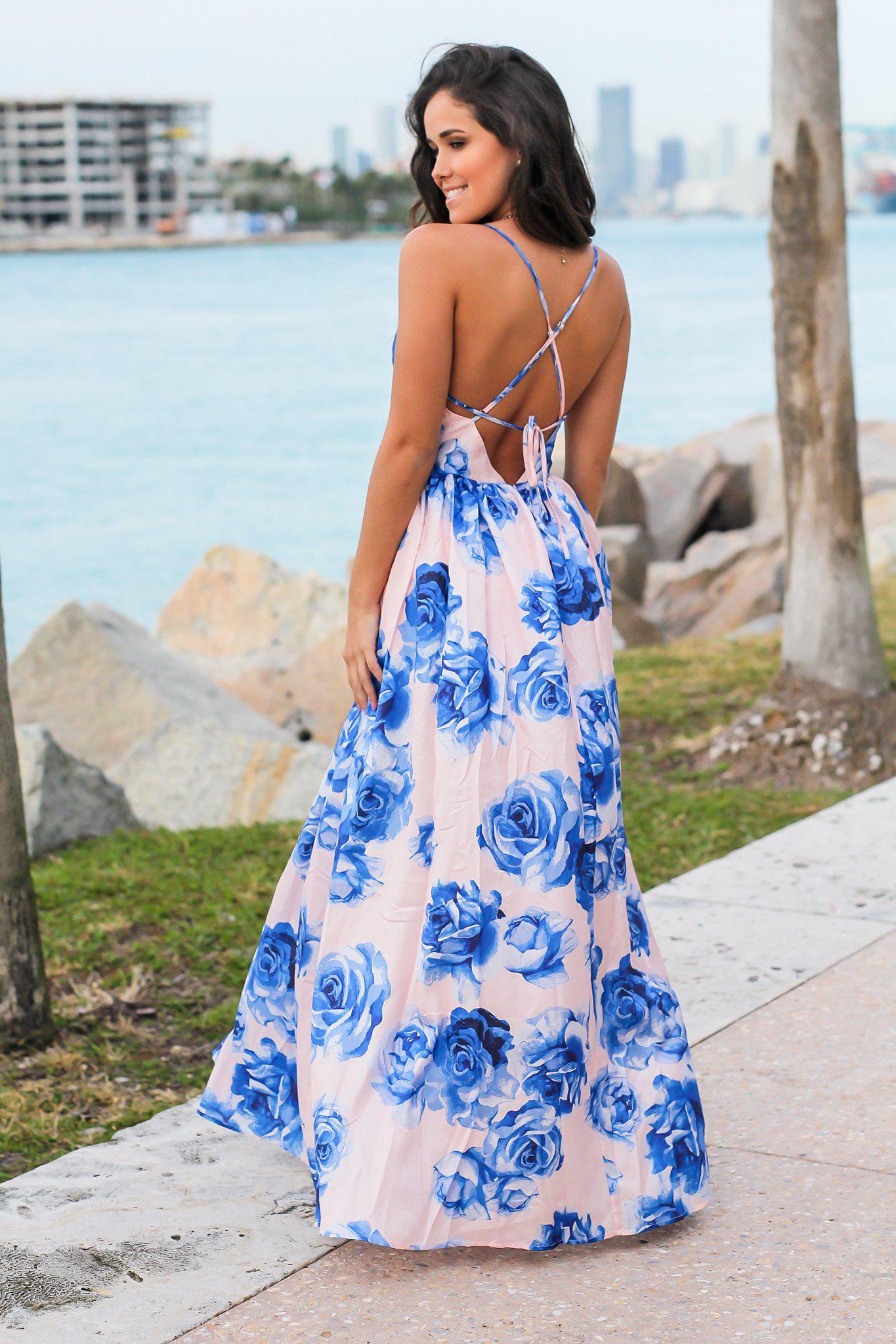 Blush and Blue Floral Maxi Dress with Criss Cross Back | Maxi Dresses Saved by the Dress Blush and Blue Floral Maxi Dress with Criss Cross Back | Maxi Dresses Saved by the Dress
