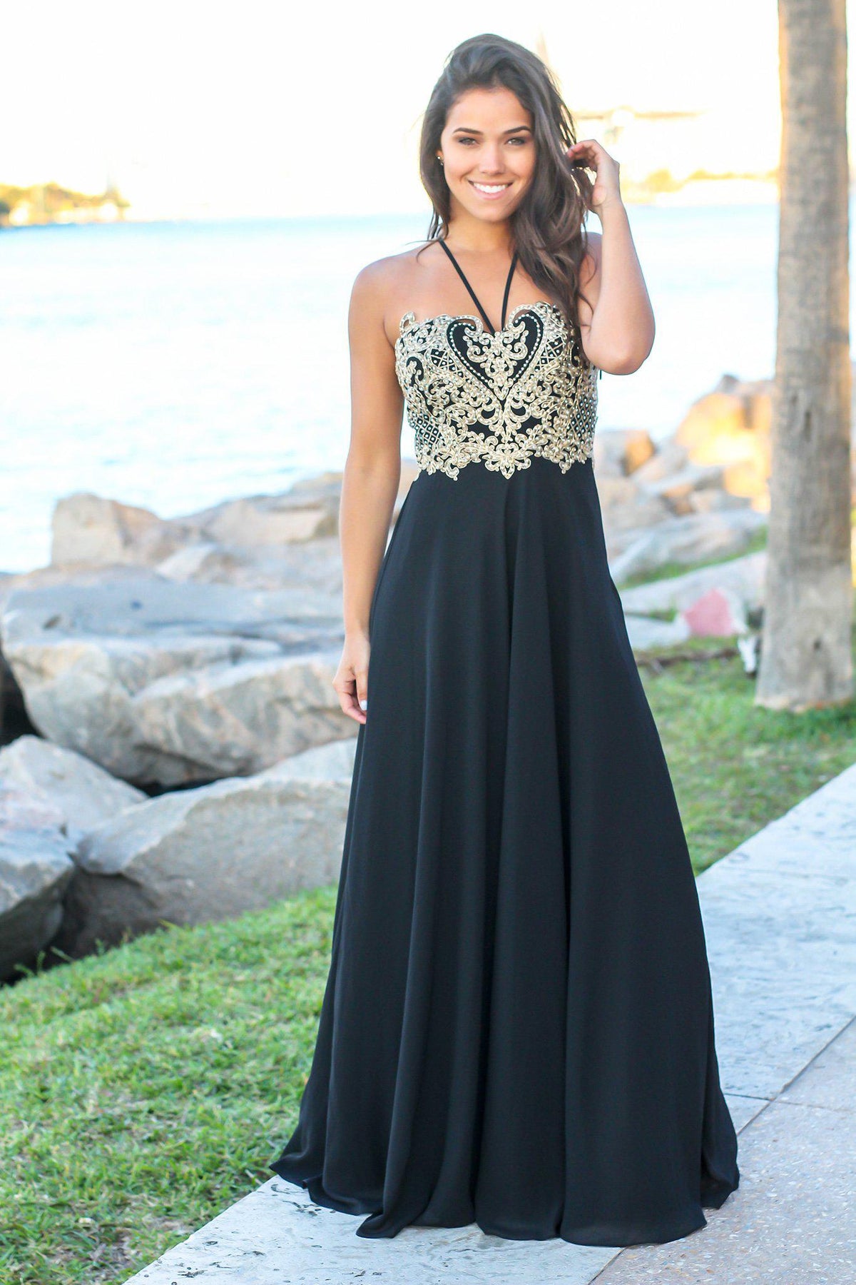 Black and Gold Maxi Dress with Embroidered Top | Maxi Dresses – Saved ...