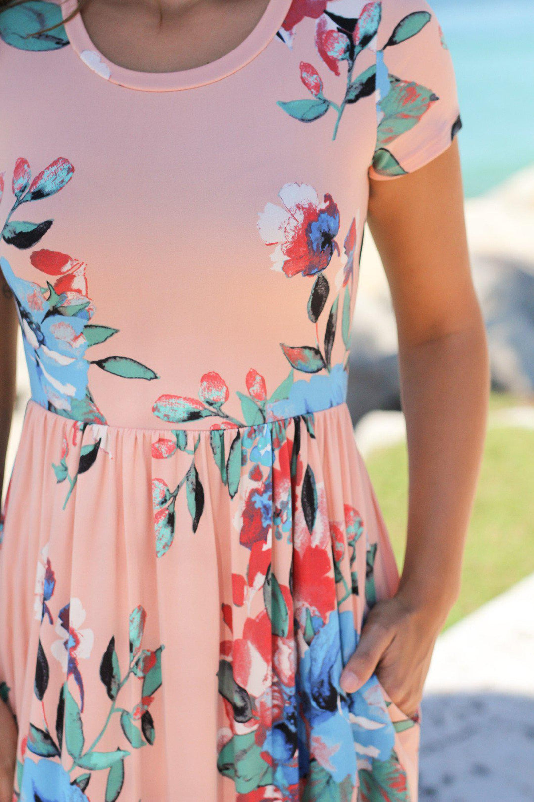 Blush and Blue Floral Maxi Dress with Short Sleeves