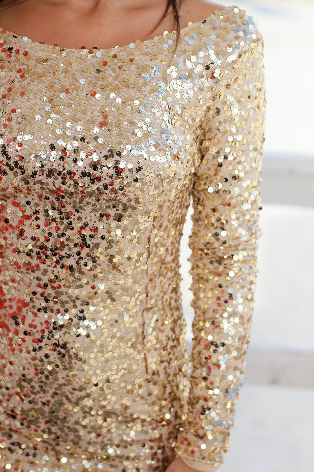 Gold Sequined Short Dress with Long Sleeves | Short Dresses Saved by the Dress Gold Sequined Short Dress with Long Sleeves | Short Dresses Saved by the Dress