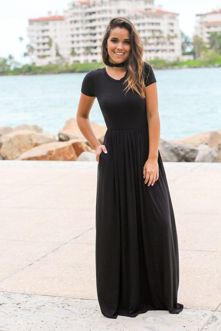 Black Short Sleeve Maxi Dress with Pockets