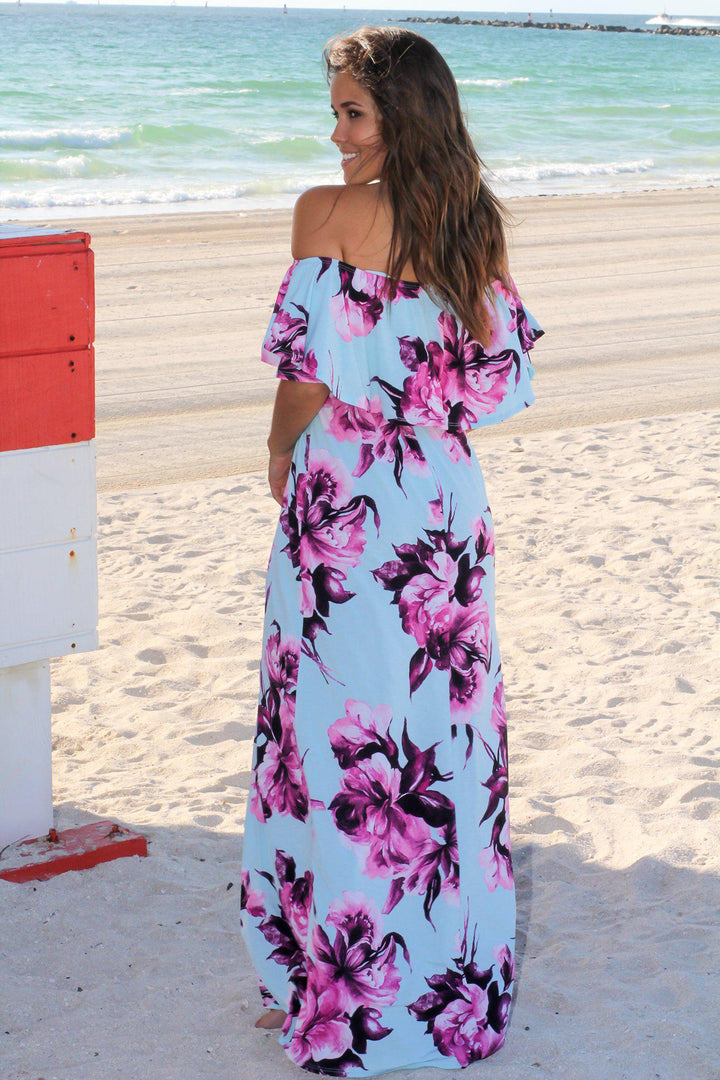 Mint and Purple Floral Off Shoulder Maxi Dress