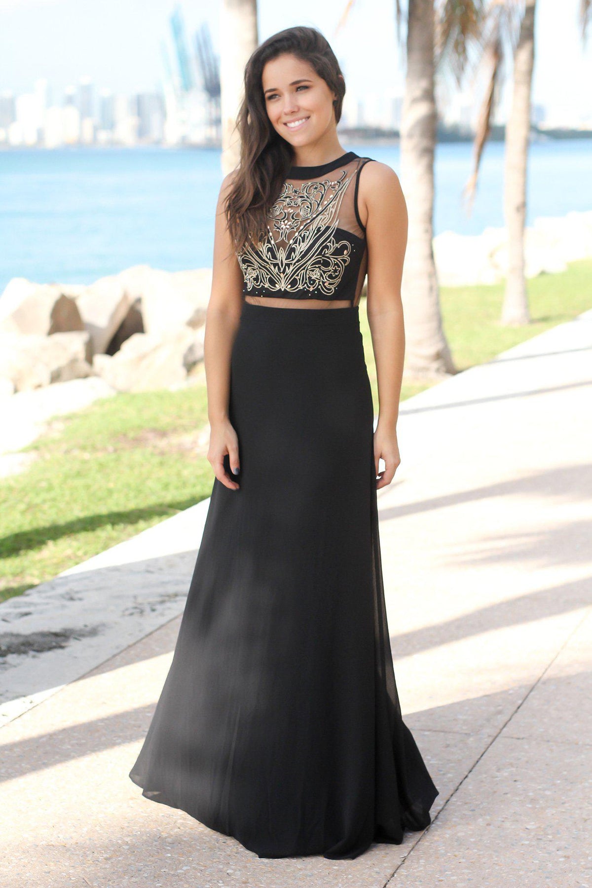 Black and Gold Embroidered Maxi Dress with Tulle Back | Maxi Dresses Saved by the Dress Black and Gold Embroidered Maxi Dress with Tulle Back | Maxi Dresses Saved by the Dress