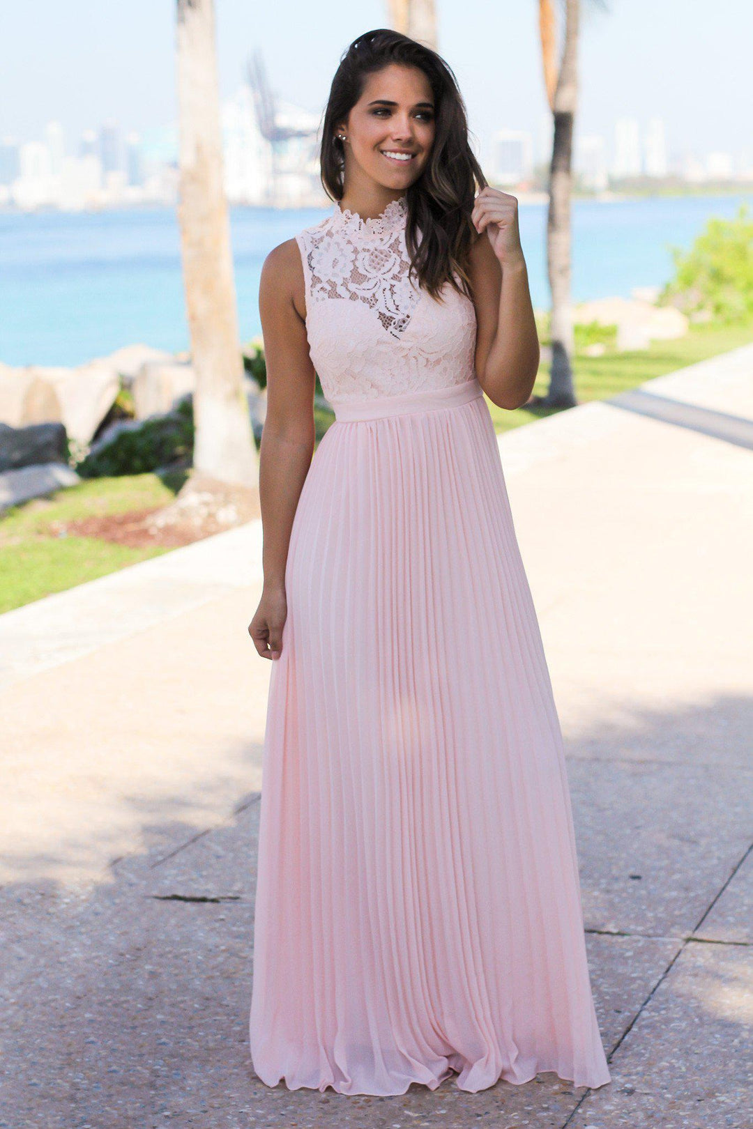 Pink Lace Maxi Dress with Pleated Skirt | Bridesmaid Dresses  Saved by the  Dress