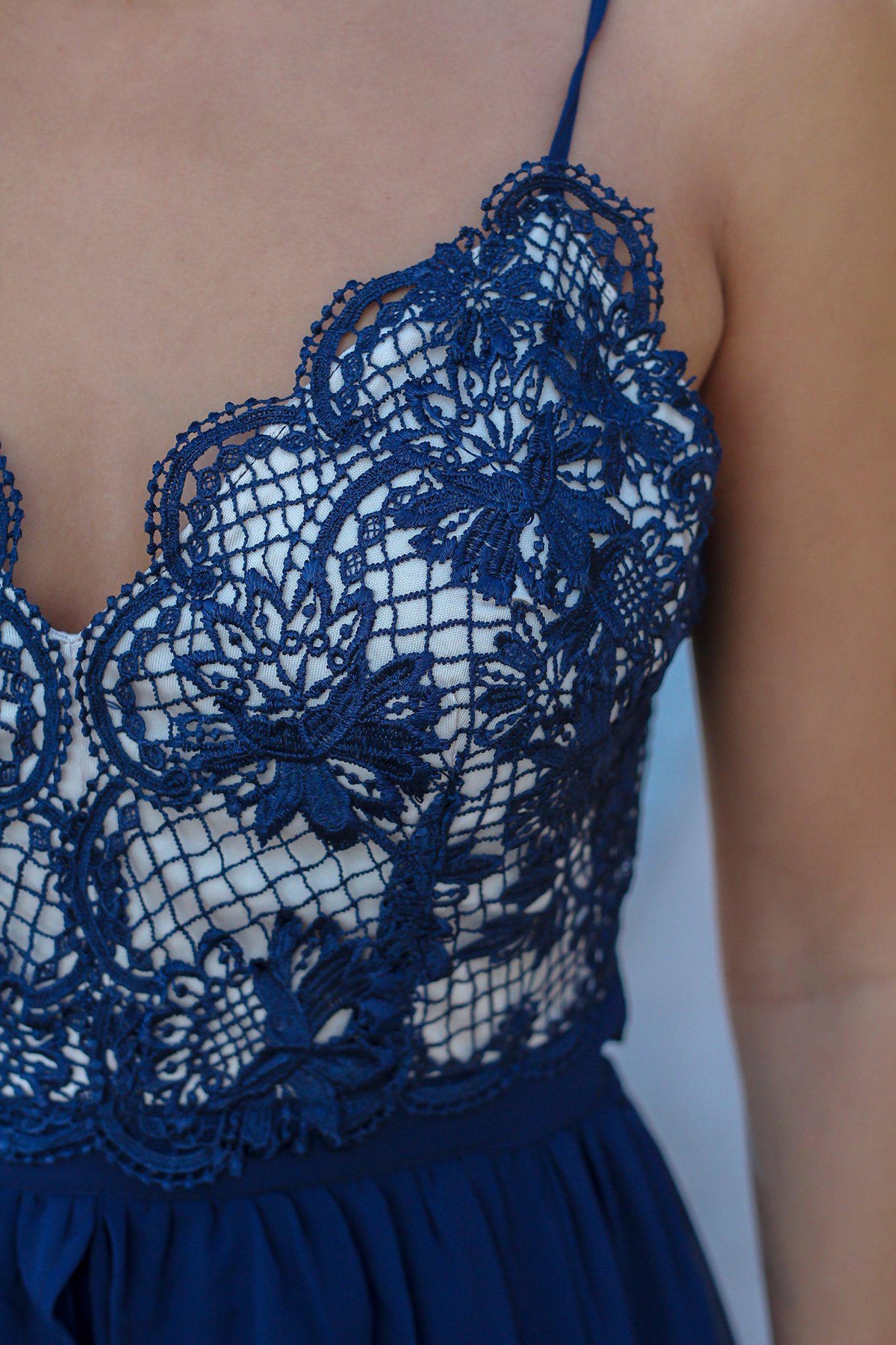 Navy Crochet Top Maxi Dress with Criss Cross Back