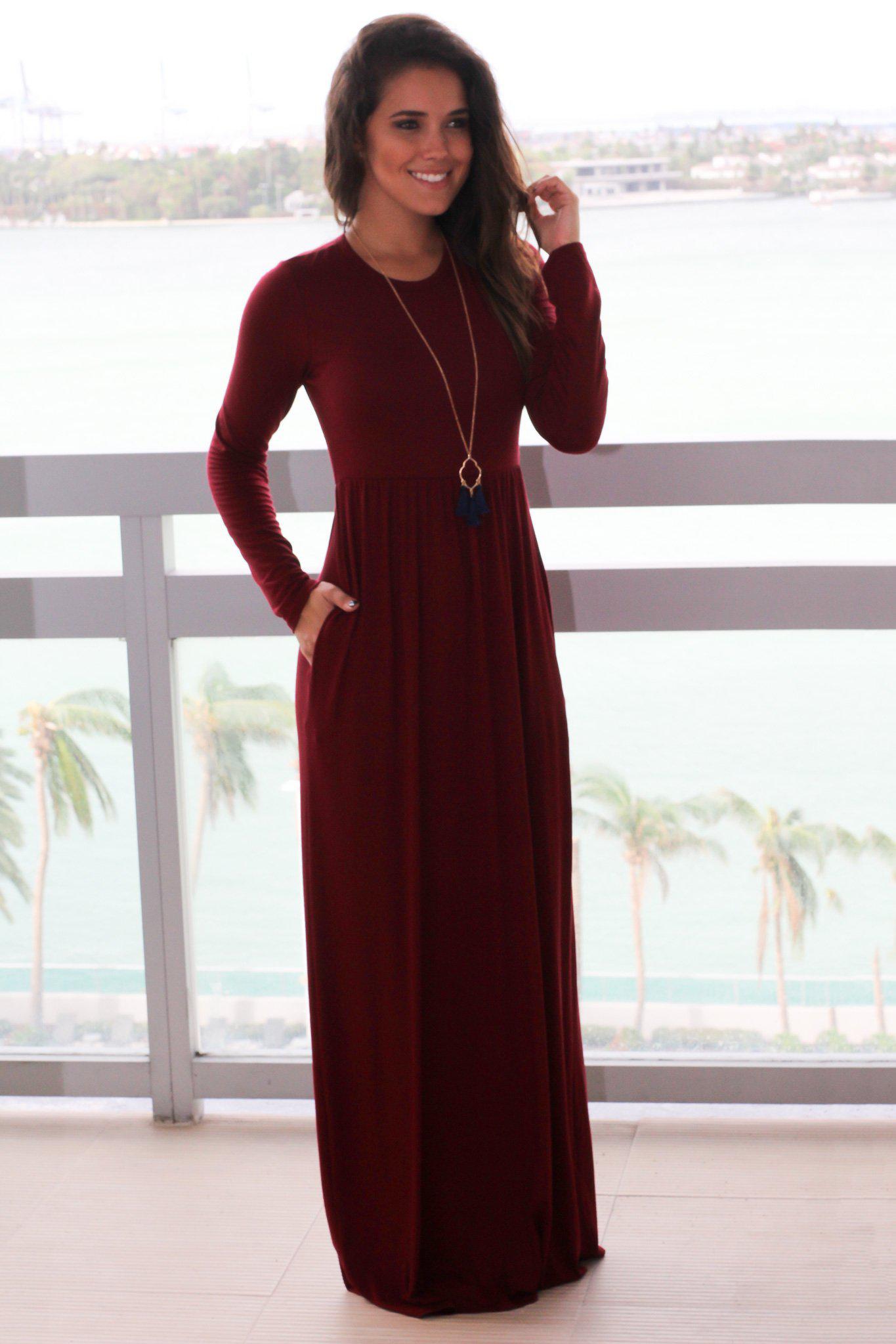 Burgundy Long Sleeve Maxi Dress with Pockets | Maxi Dresses Saved by the Dress Burgundy Long Sleeve Maxi Dress with Pockets | Maxi Dresses Saved by the Dress