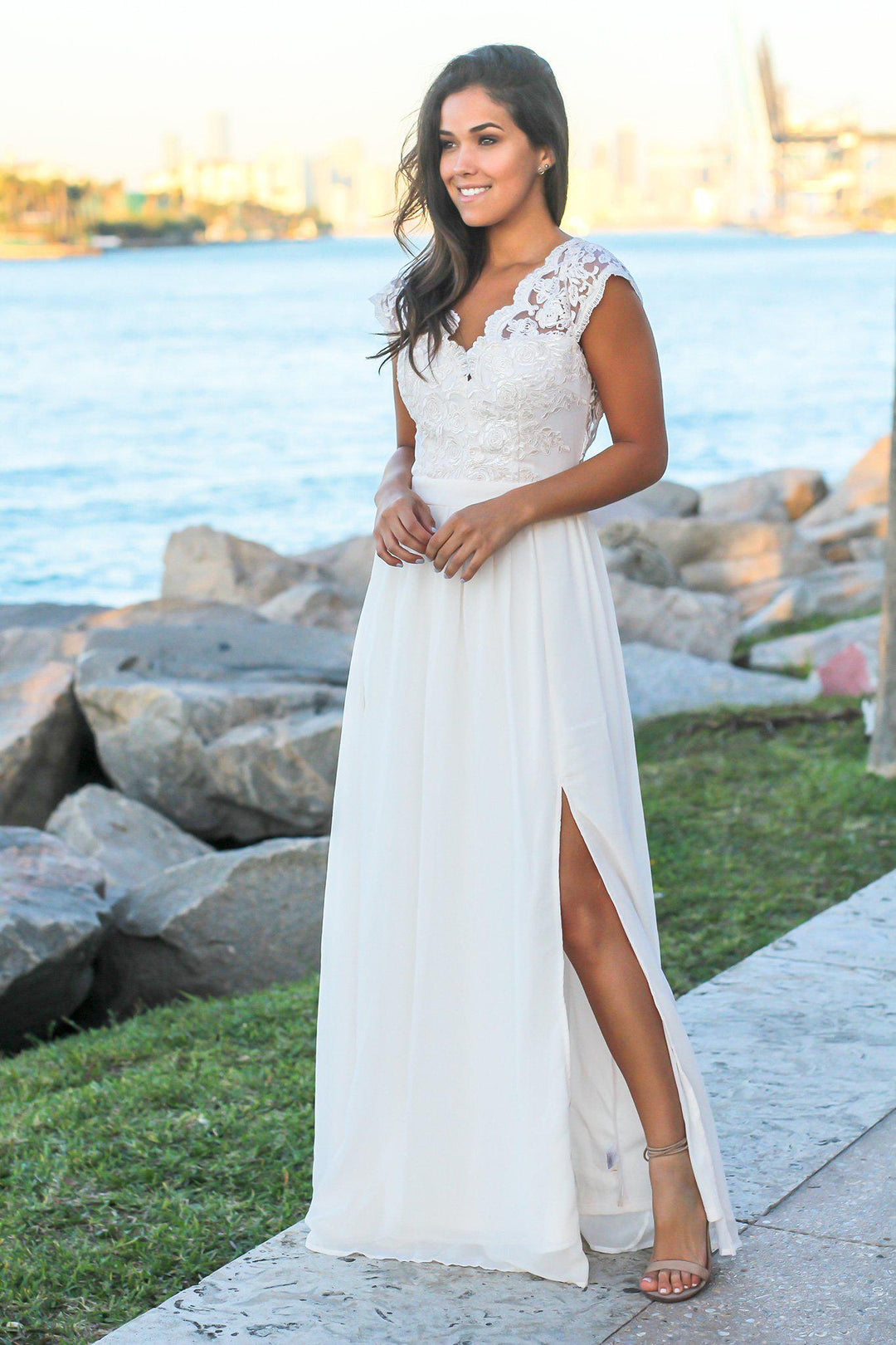 Cream Lace Top Maxi Dress with Open Back and Side Slit