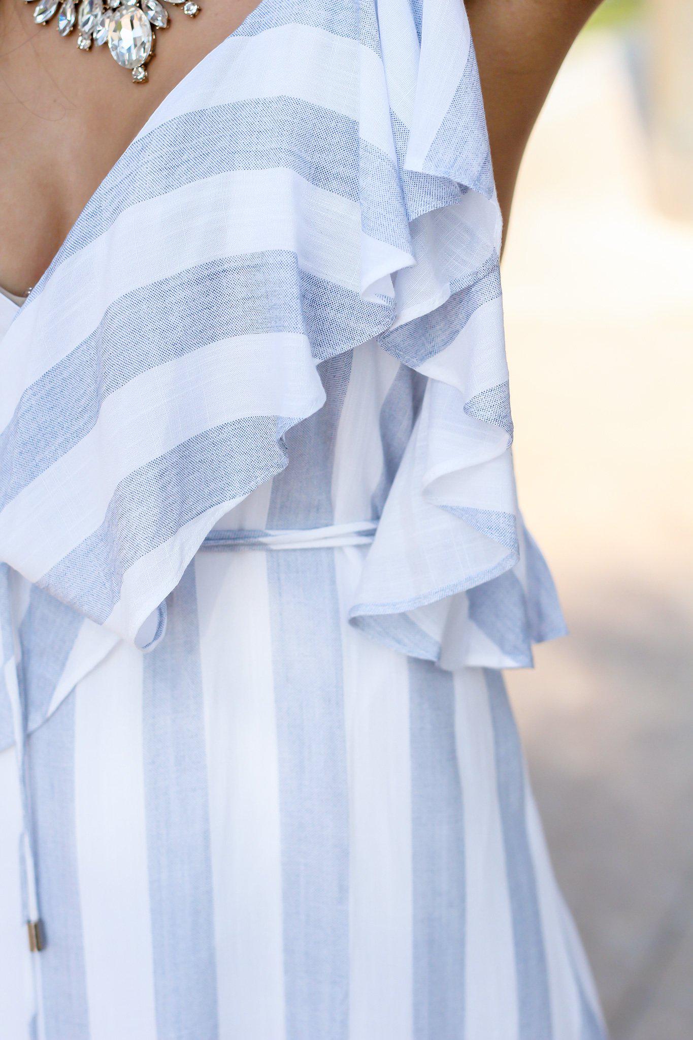 Blue and White Striped Wrap Dress with Ruffles | Maxi Dresses Saved by the Dress Blue and White Striped Wrap Dress with Ruffles | Maxi Dresses Saved by the Dress