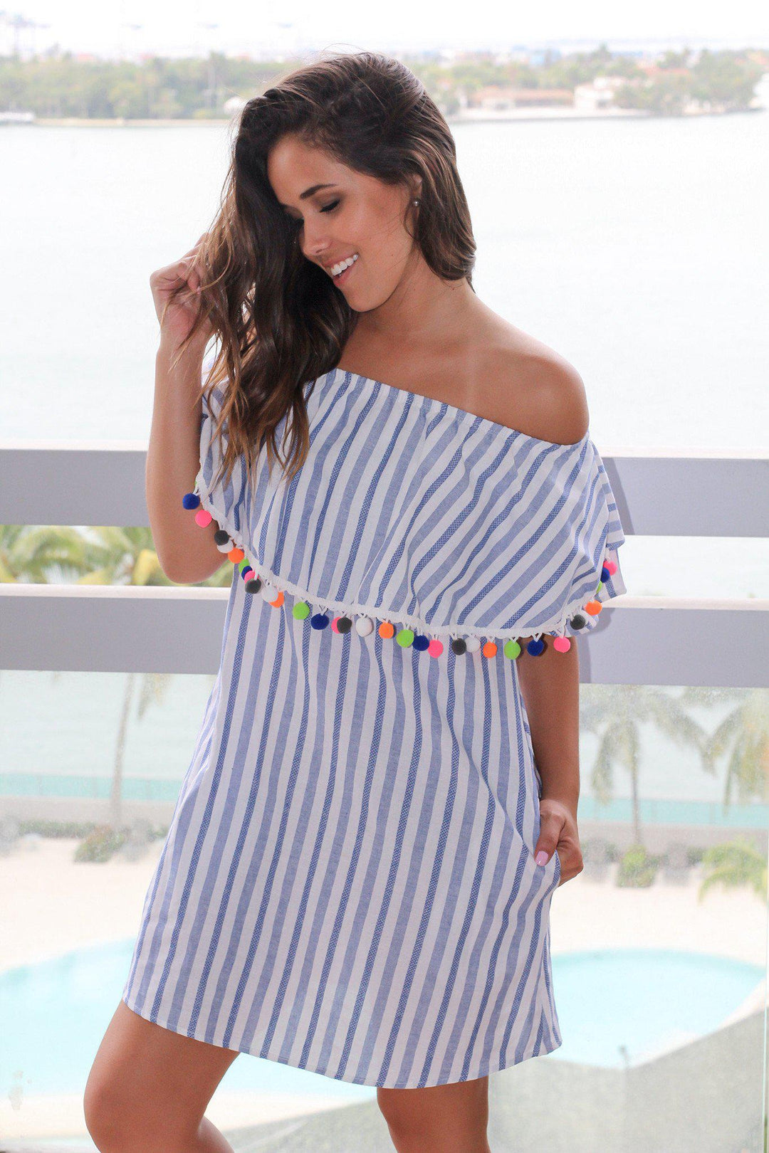 Blue Striped Short Dress with Pom Poms