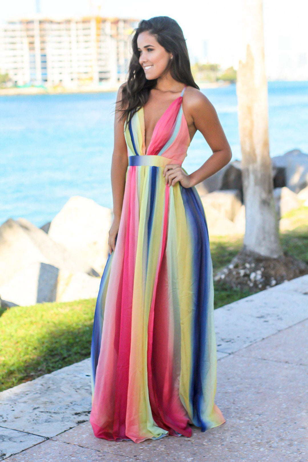 knee length dresses for ladies Rainbow Maxi Dress with Criss Cross Back