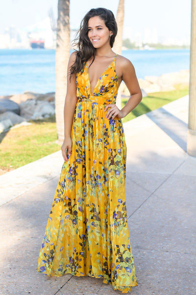 Yellow Floral Maxi Dress with Criss Cross Back | Maxi Dresses – Saved ...