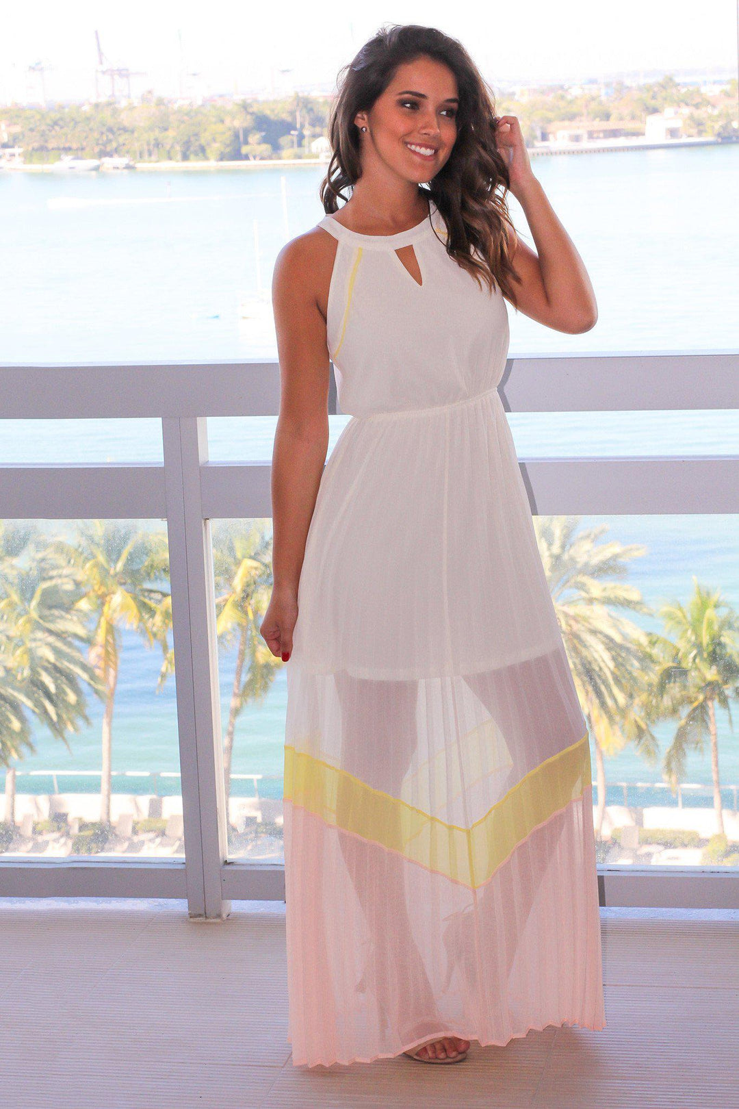 color block maxi dress Cream Color Block Pleated Maxi Dress