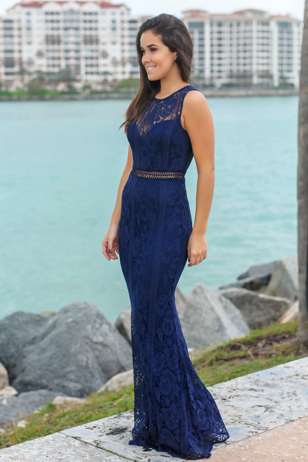 high neck lace dress Navy High Neck Lace Maxi Dress