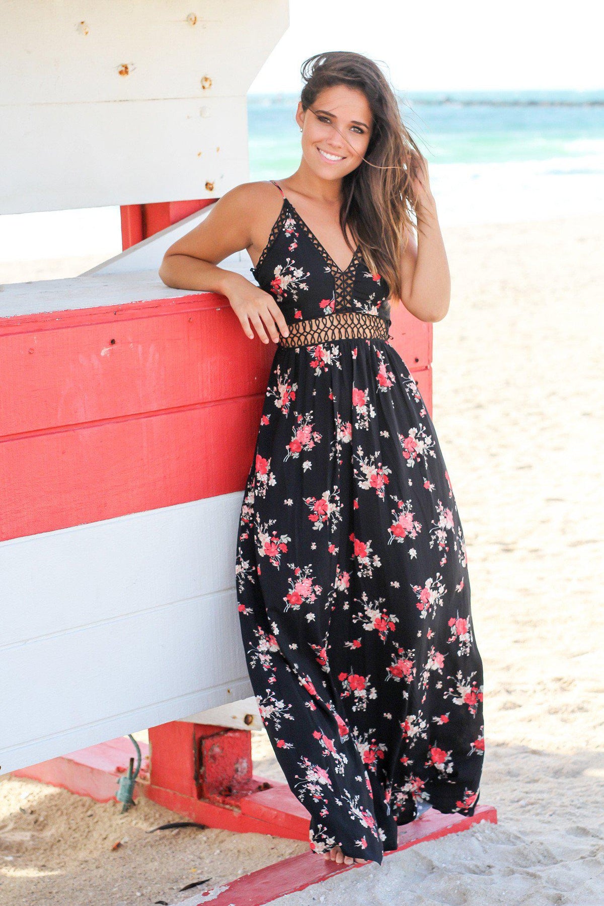 Black Floral Maxi Dress with Crochet Detail | Maxi Dresses – Saved by ...
