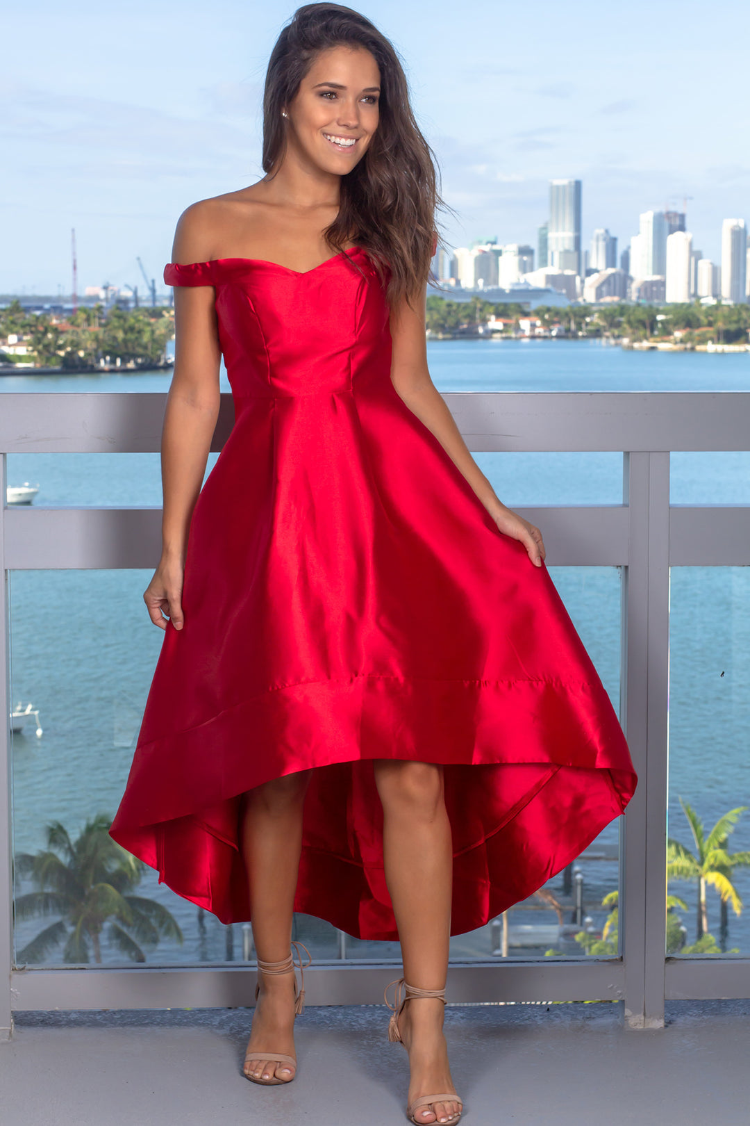 Red Off Shoulder High Low Dress