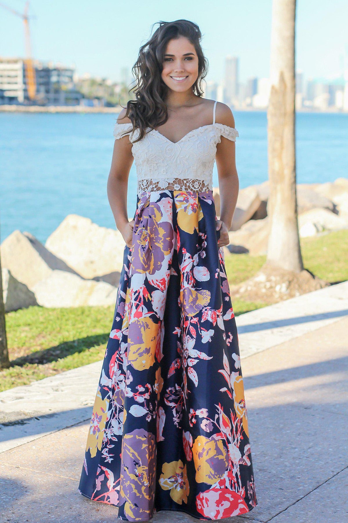 Navy Floral Maxi Dress with Crochet Top | Maxi Dresses – Saved by the Dress