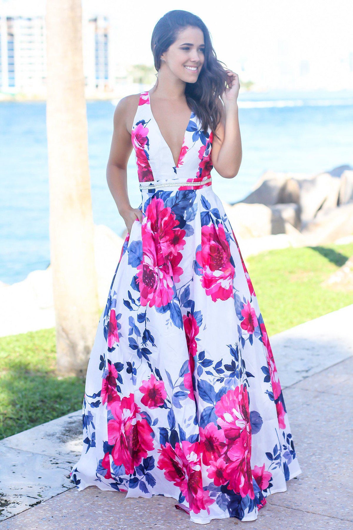 Ivory and Fuchsia Floral Maxi Dress | Maxi Dresses – Saved by the Dress