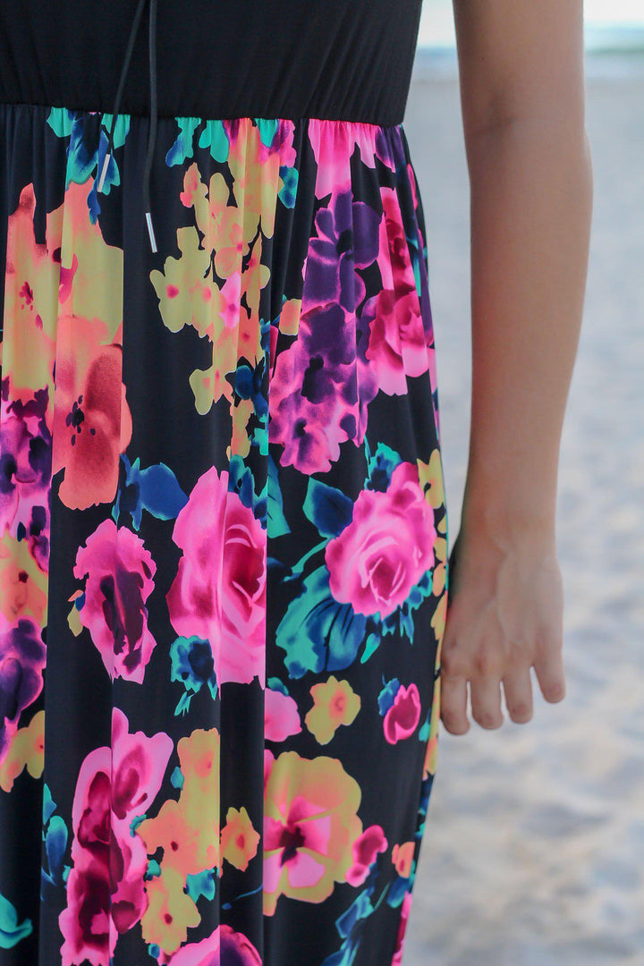 black top floral bottom maxi dress Neon Floral Maxi Dress with Black Top