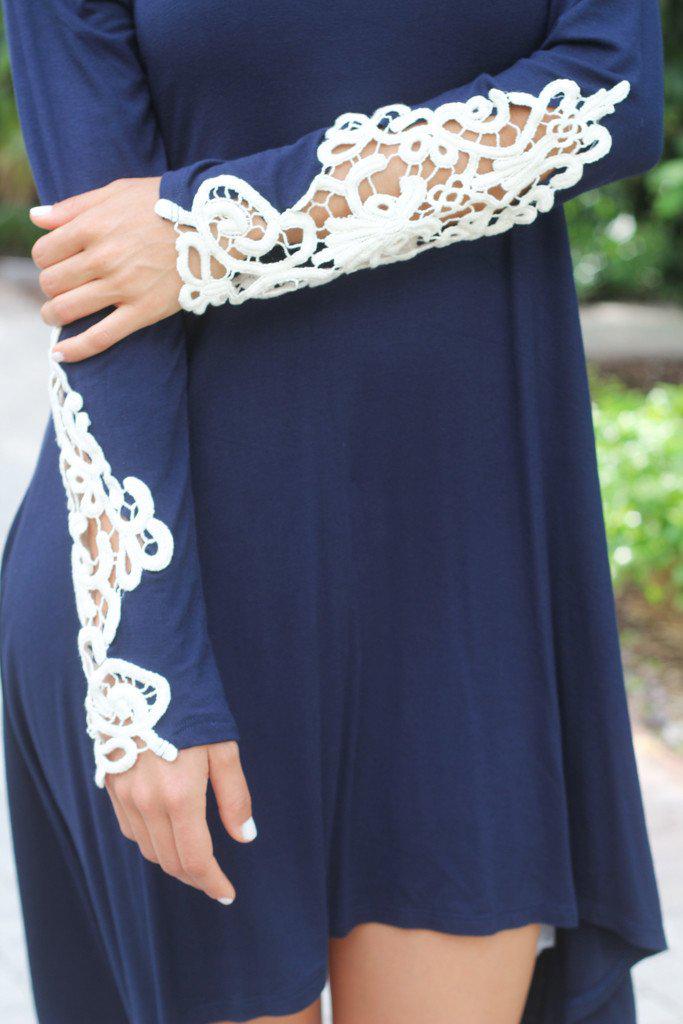 Navy Top / Dress With Crochet Sleeves