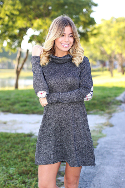 sweater dress with plaid elbow patches