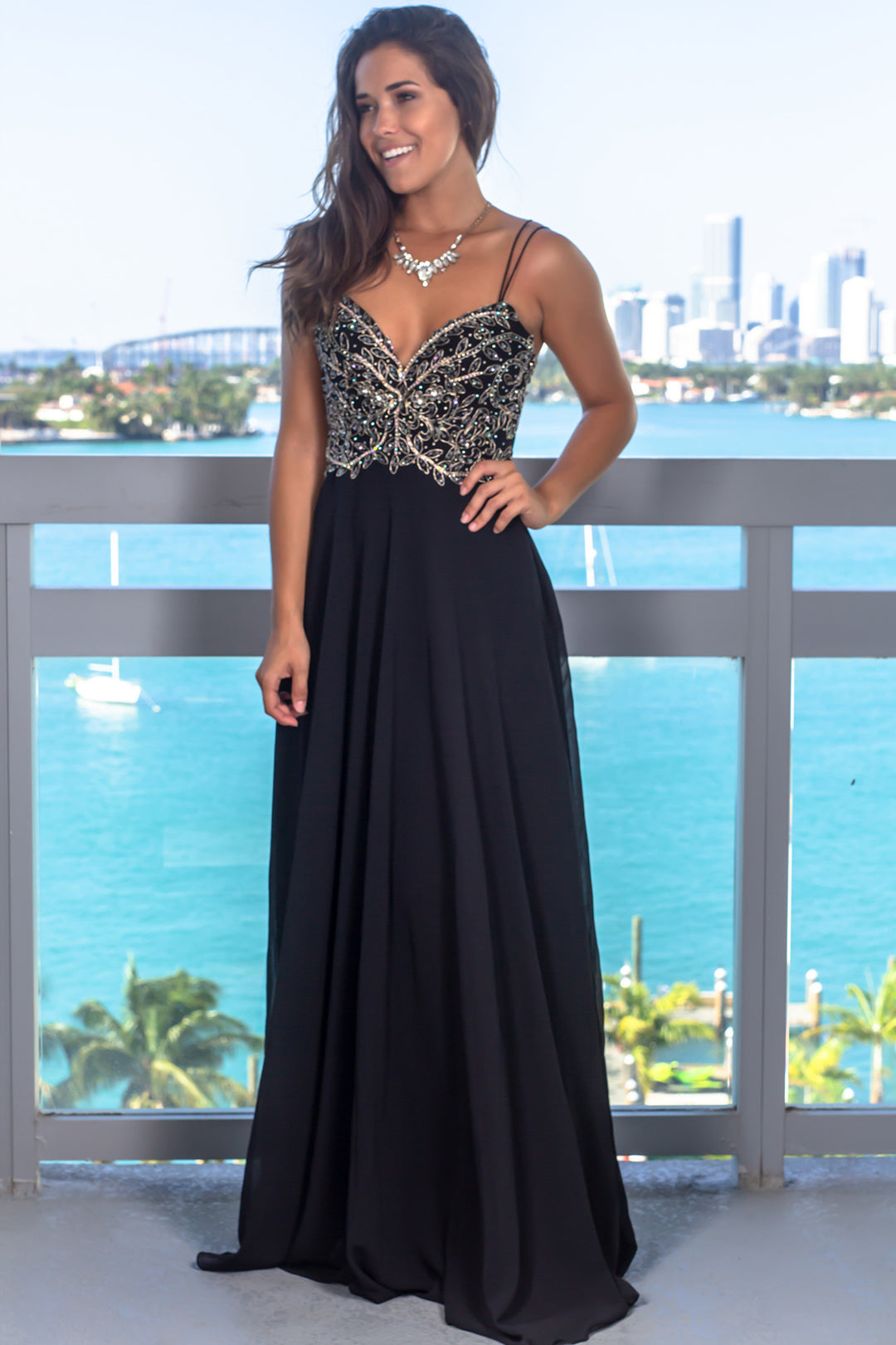 Prom Accents Long Black Dress With Gold Detail Black And Gold Maxi Dress  With Embroidered Top