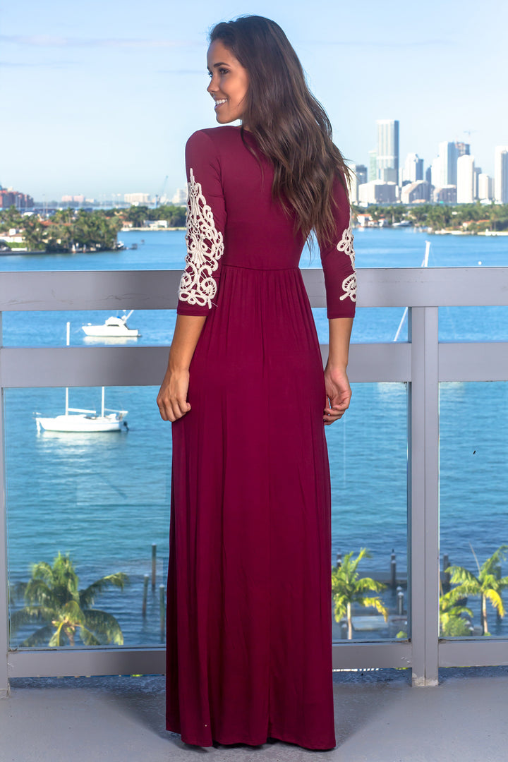 Burgundy Maxi Dress with 3/4 Sleeves and Crochet Detail