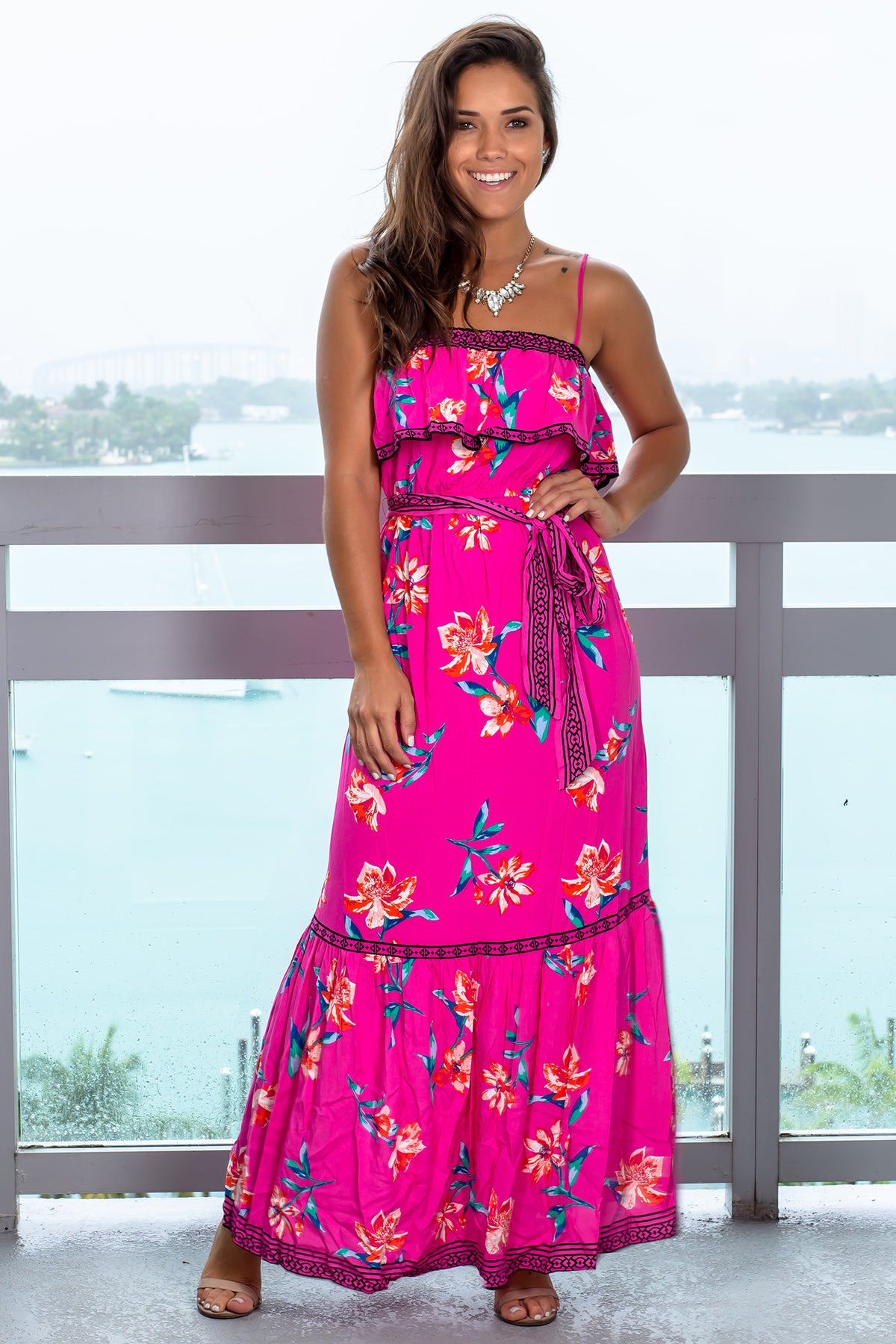 Fuchsia Floral Maxi Dress with Tie Waist | Maxi Dresses – Saved by the ...
