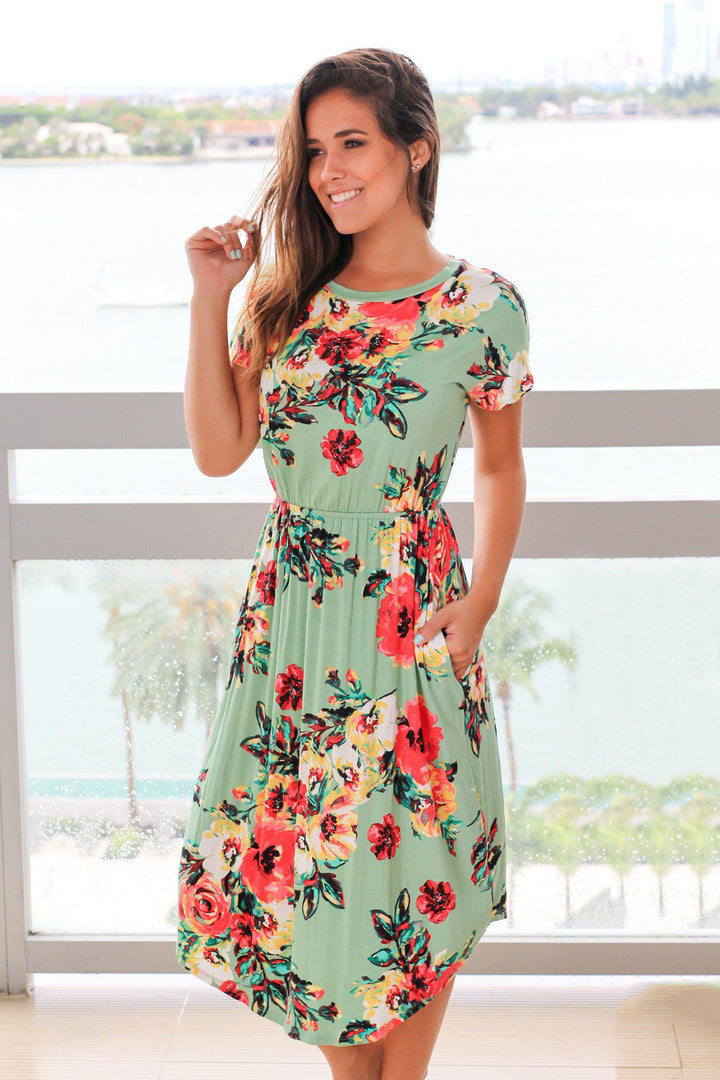 Dusty Green Floral Midi Dress