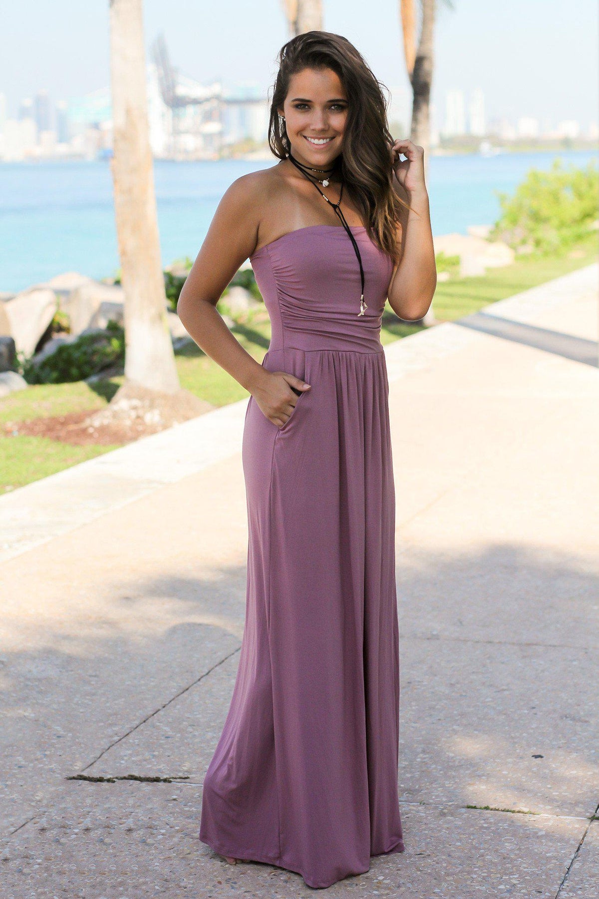 Strapless Mauve Maxi Dress with Pockets | Maxi Dresses – Saved by the Dress