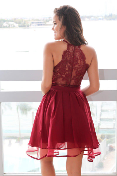 Burgundy Short Dress With Lace Back | Short Dresses – Saved By The Dress