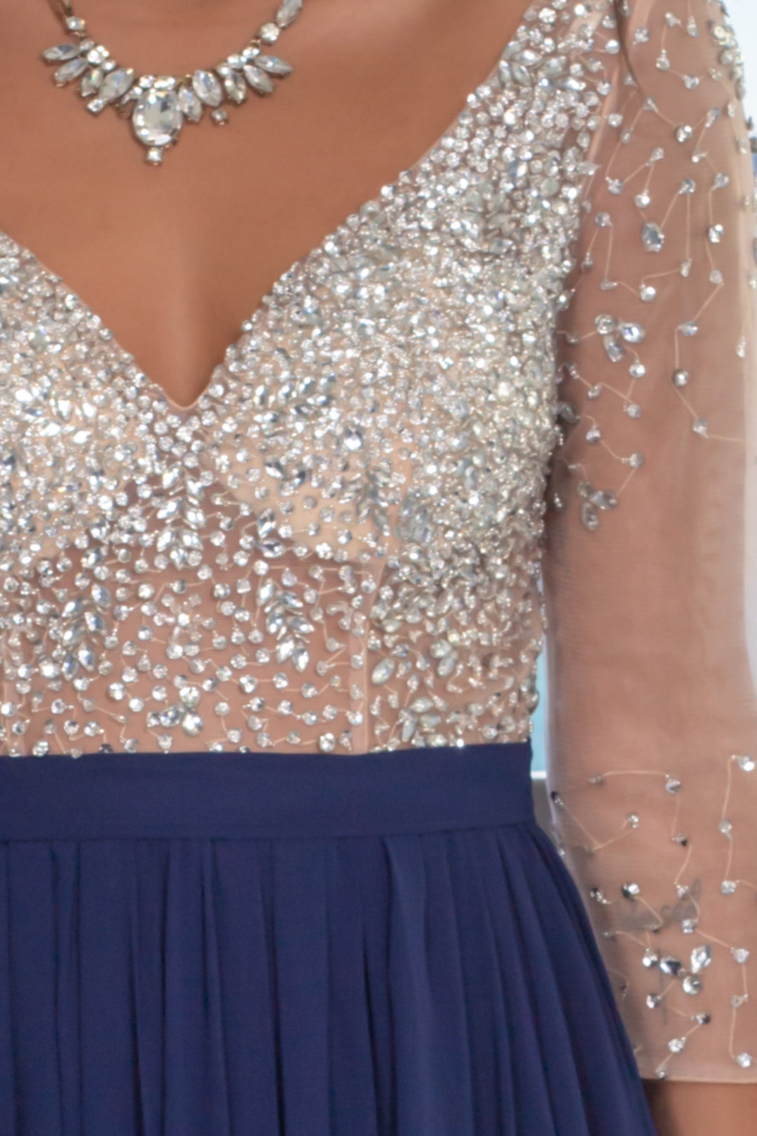 navy blue and silver combination dress Navy Maxi Dress with Silver Jewels and 3/4 Sleeves