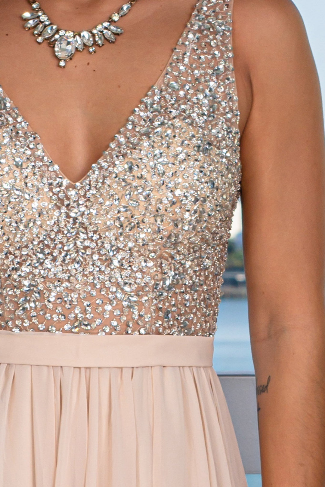 Champagne Maxi Dress with Silver Jewels