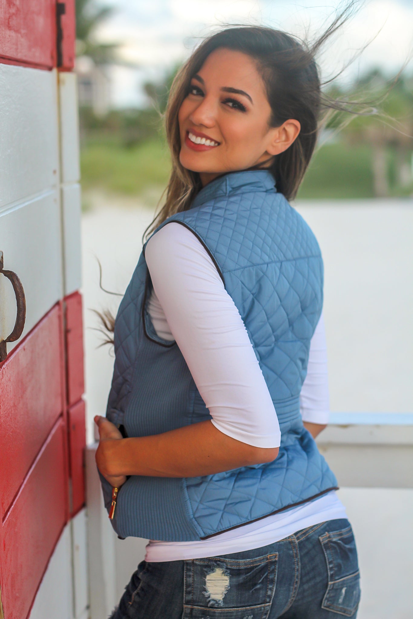 Dusty Blue Quilted Vest with Pockets