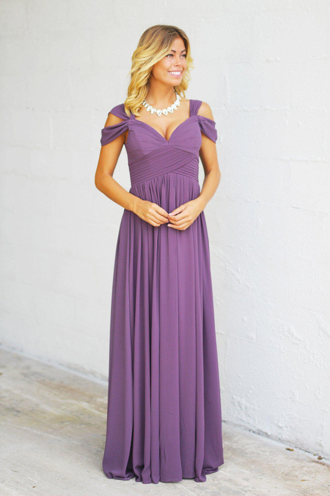 high end bridesmaid dresses Dusty Purple Off Shoulder Maxi Dress | Dusty Purple Maxi Dress