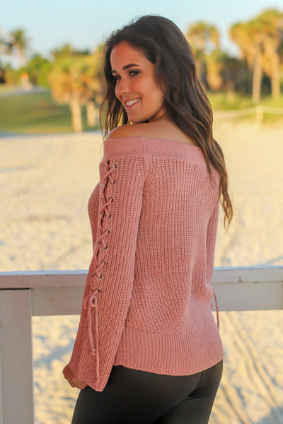 Dusty Pink Off Shoulder Lace Up Sweater