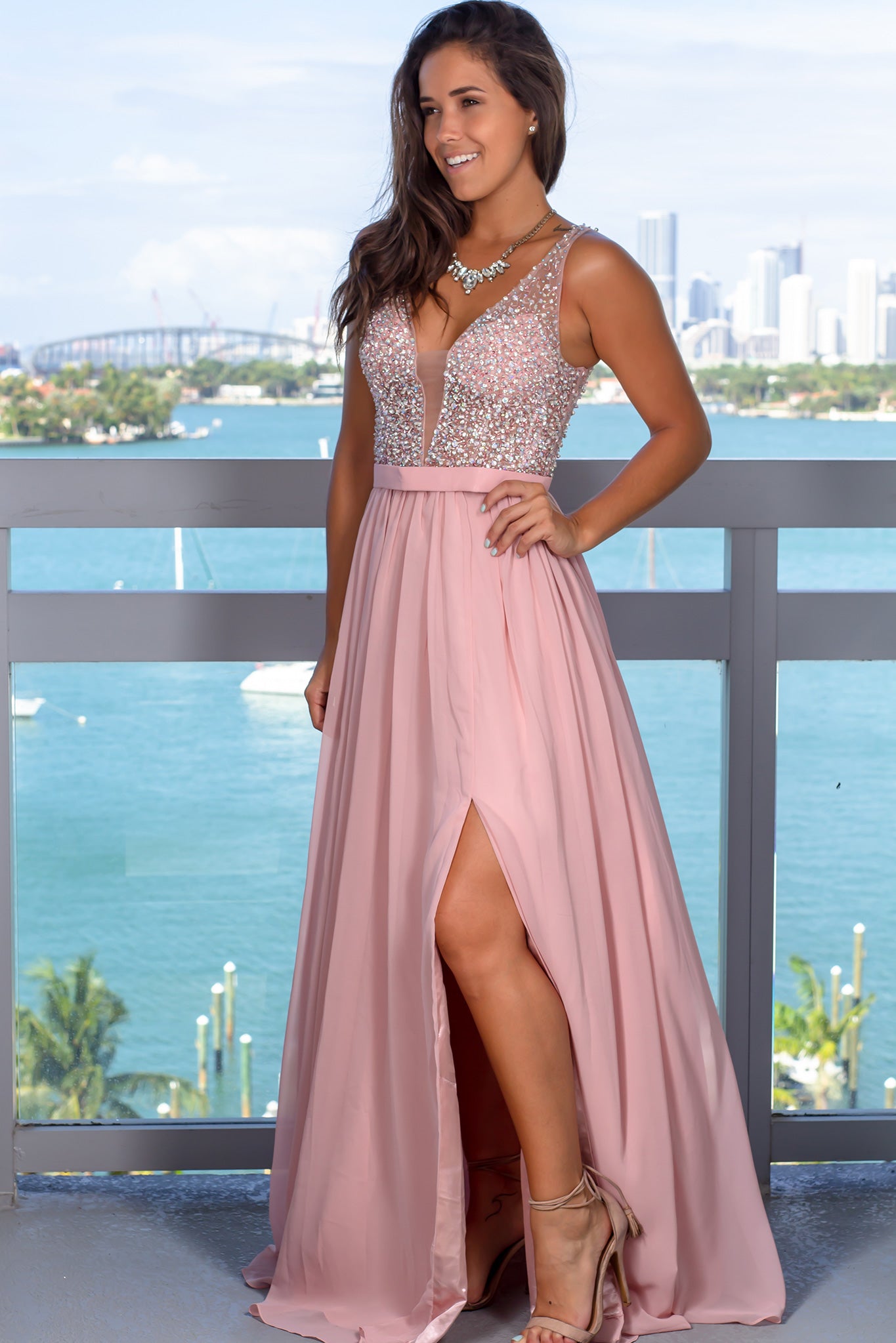 Dusty Pink Sequin Top Maxi Dress with Side Slit