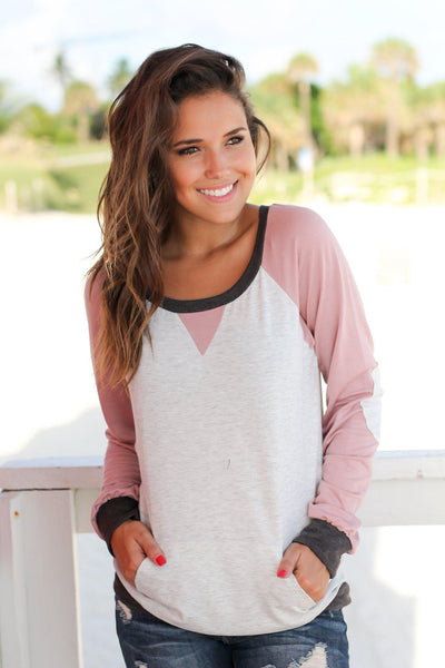 Dusty Pink and Gray Color Block Pullover Top