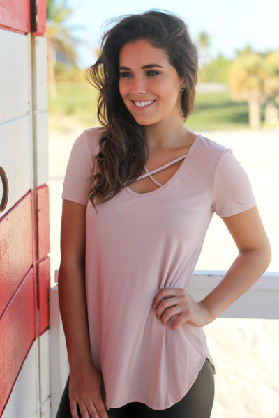 Dusty Rose Criss Cross Top with Short Sleeves